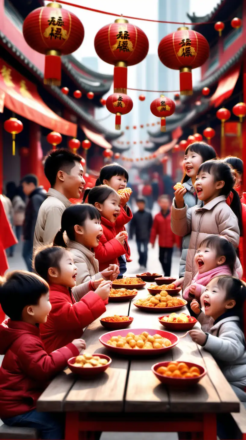 make an image of chinese new year with realistic people . happy people eat sweets , children playing . in the background tradional chinese stalls make the image hyper realistic
