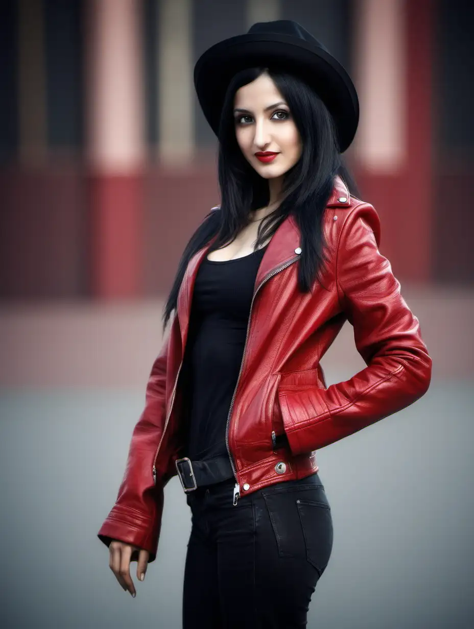 Beautiful woman. Big nose. fair skin. black hair. Little Face. Height 140. Wearing a long black and red leather jacket. covered the whole body. hat. . from indian