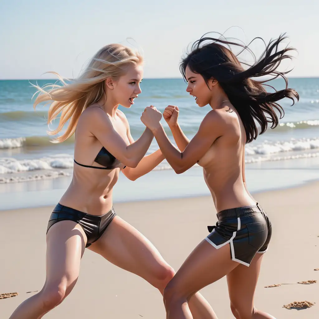  teen girls, blonde hair vs black hair wearing topless fight 
in a rolling fight on the beach, pin down, punch to the face, pull hair, hate each other, bodies locked together 
