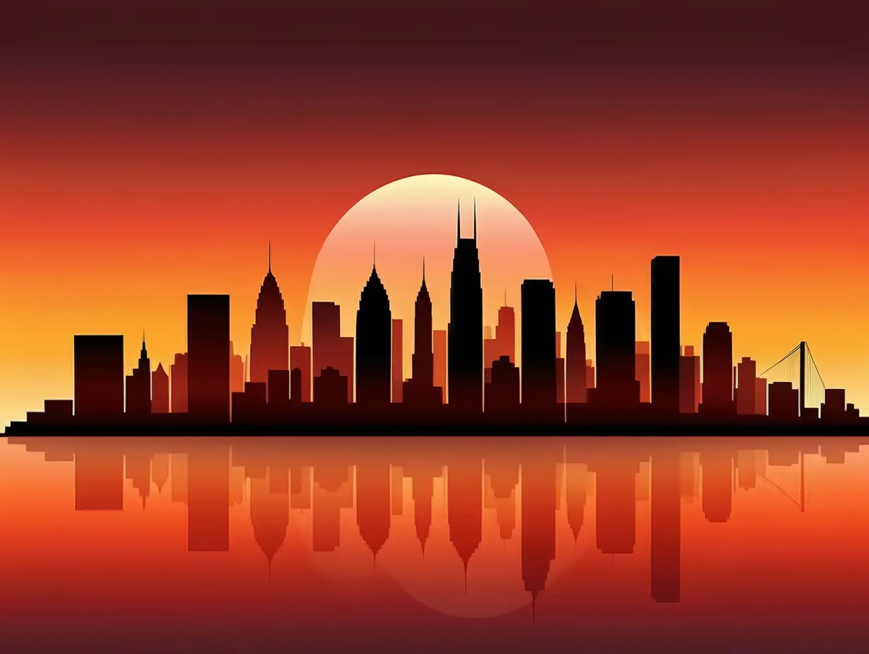 a minimalist and elegant design featuring a silhouette of a city skyline at sunrise or sunset, in a gradient of warm colors like orange, yellow, and red to evoke a cozy feeling ar 17:7


