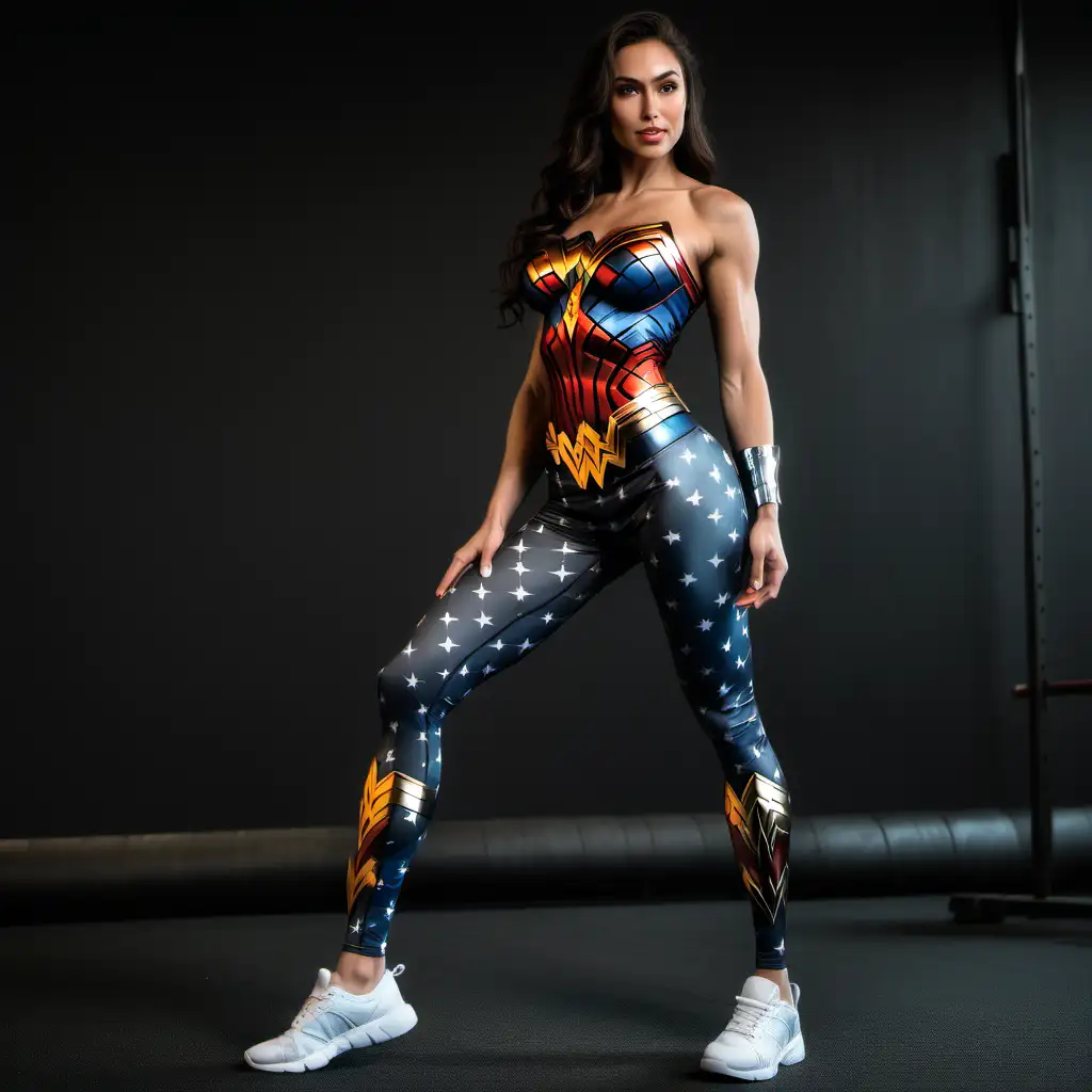 Woman fitness with sculpted body wearing leggings with a patter Wonder Woman fitness black