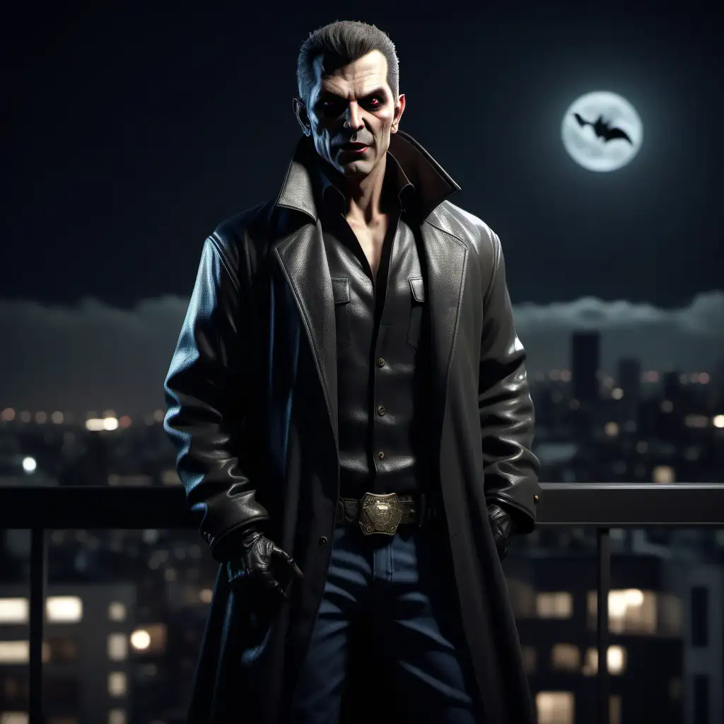 a Lasombra vampire sheriff, short hair, 2 meters tall, strong build, wearing a long jacket, casual clothing, 40 years old, full body shot, inside a penthouse at night, realistic,