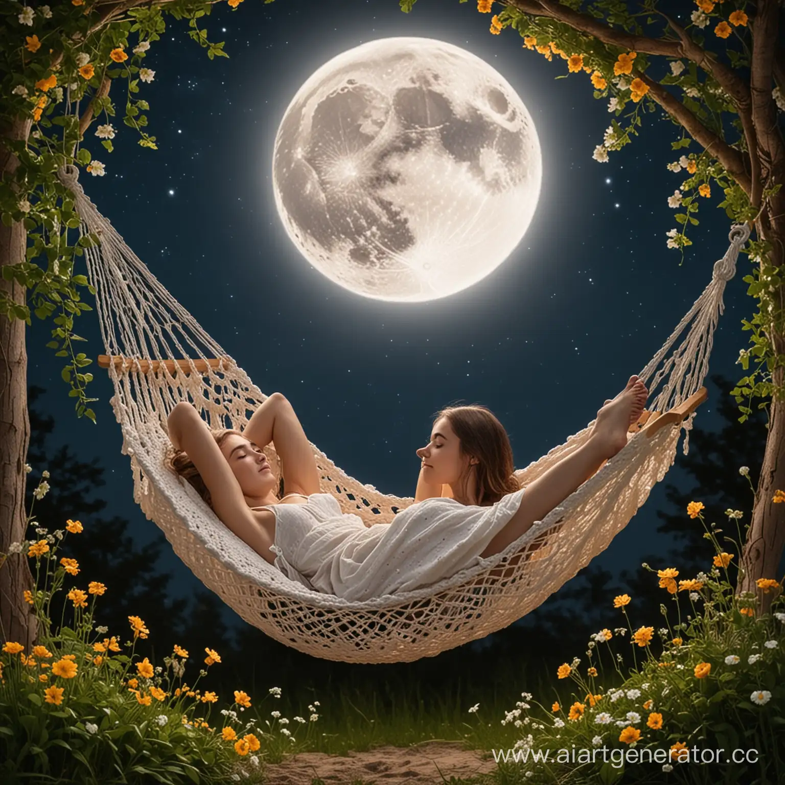 девушка лежит в гамаке на фоне луны и цветов