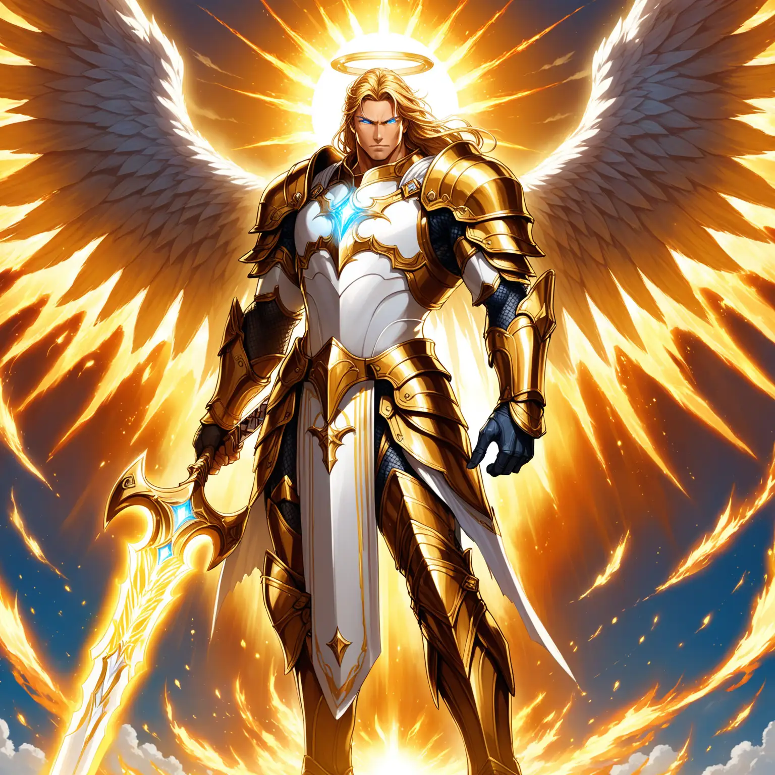 1 man. He is the god of Dawn and Hope and a paladin. He is an angel with huge wings made of fire and a halo of light. He is handsome and muscular. He has very long straight gold hair and light blue bright glowing eyes. He has a golden aura around him. He is wearing white knight armor with gold trim and a symbol of the rising sun on the chest. He is holding a gold greatsword with a glowing white blade. He is flying in the sky and it's sunrise. He is not wearing a helmet. He has an angry expression and looks powerful.