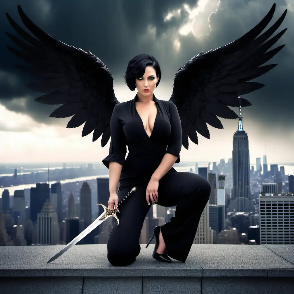 Black Winged Angel Woman with Sword Overlooking Stormy New York