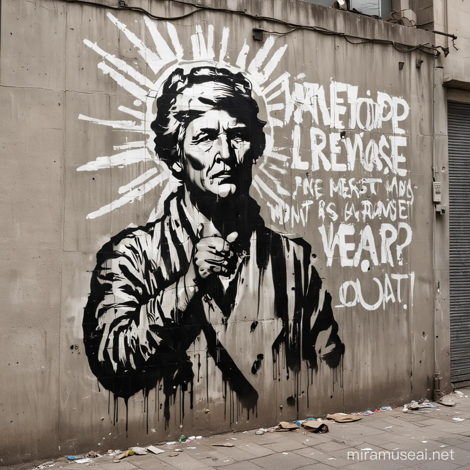 Naredi grafit, ki prikazuje kako ljudje protestirajo proti vojni in hočejo mir po vsem svetu. Grafit naj je narejen v šablonski tehniki.