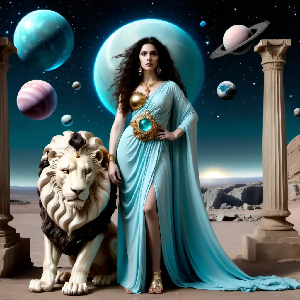 A huge fluffy white lion with deep dark eyes stands protecting a woman who is much smaller than the lion, she has long thick dark wavy hair, she is wearing a long pastel blue dress of Grecian style, there are planets in the background, she is wearing gold jewellery, Uranus and pluto, turquoise is the main colour of the background, and in the distance is a pink crystal ancient temple