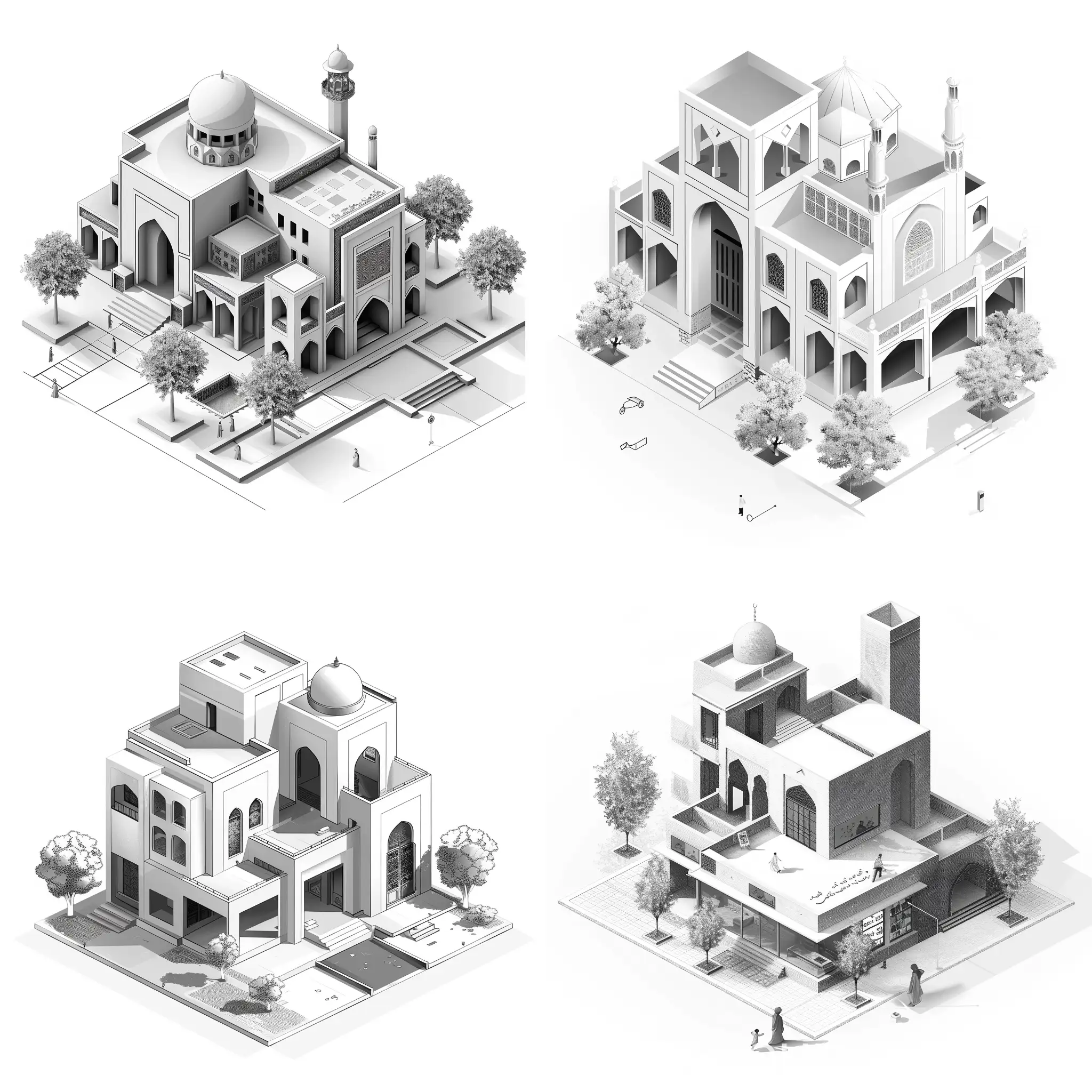 Modern architecture with signs of historical architecture ، Persian architecture ، 2d illustration ، isometric ، poster design ، monochrome ، graphic rendering ،  white background