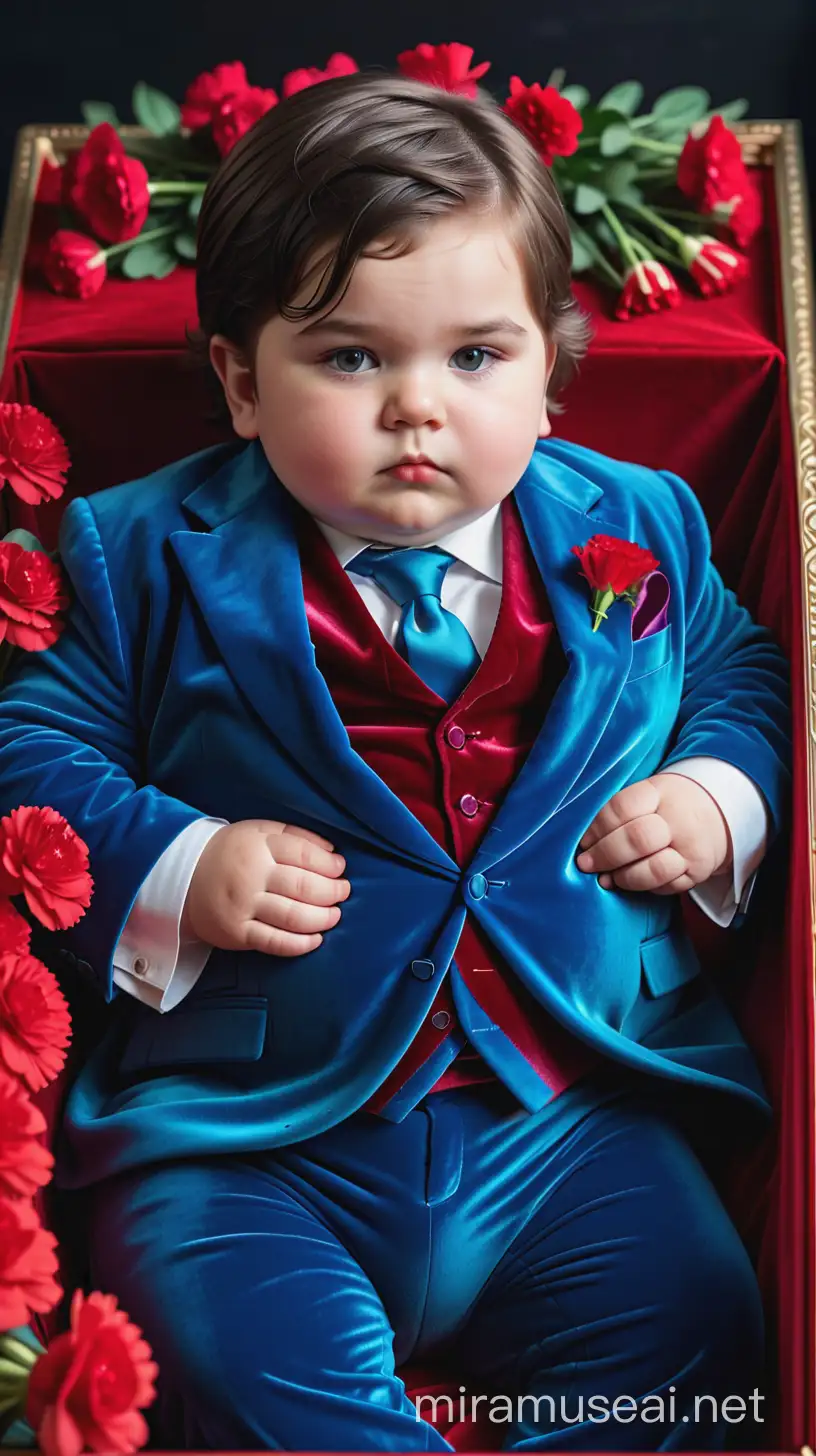 Очень толстый жирный мальчик ребенок с зачесаными на бок темными волосами средней длины в синем дорогом костюме лежит в красивом бархатном гробу а на его груди лежат красные гвоздики