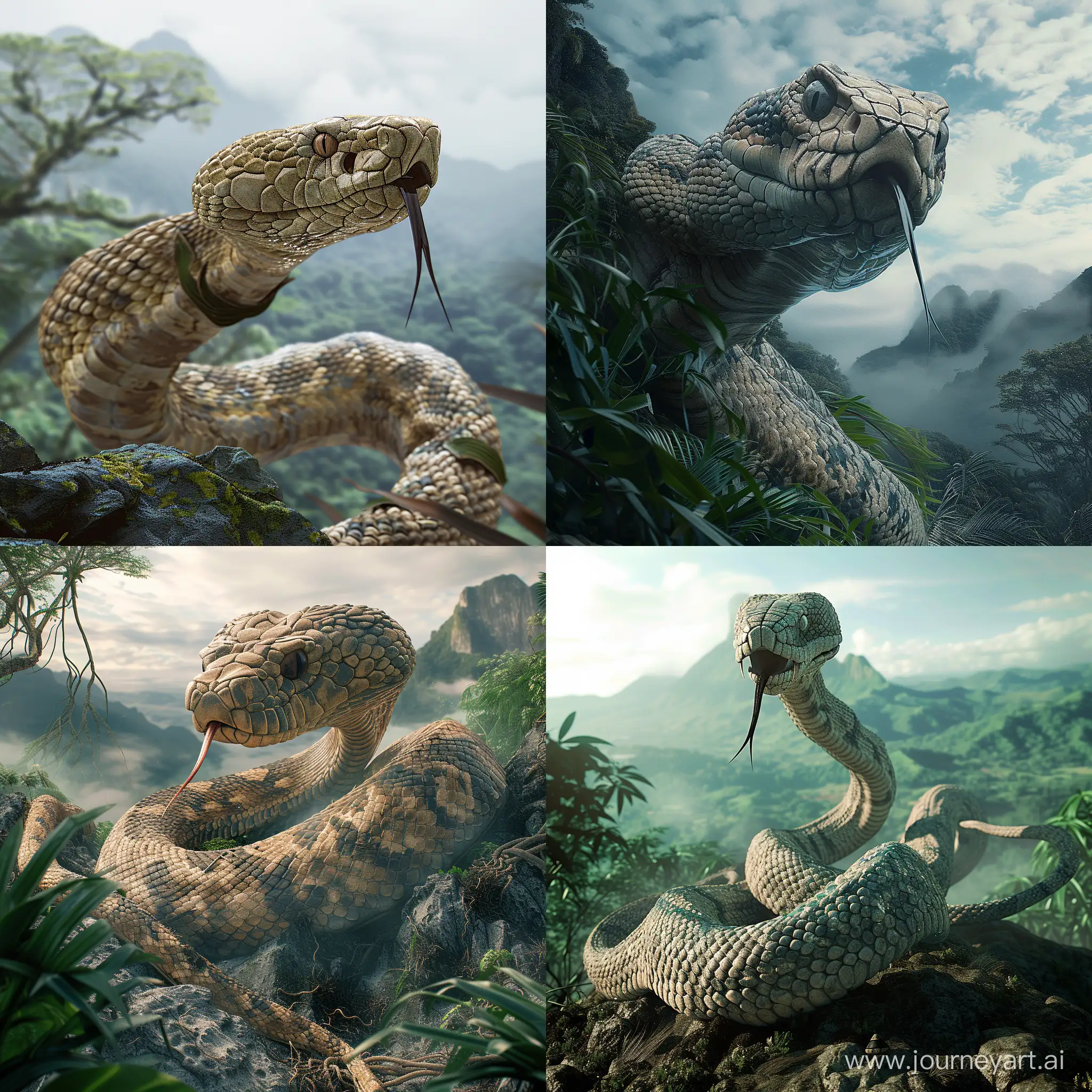 Giant snake with the head of a feirce Fijian man, coming out of a mountain top, photorealistic, cinematic, scary, jungle, spooky, wide shot, full body 