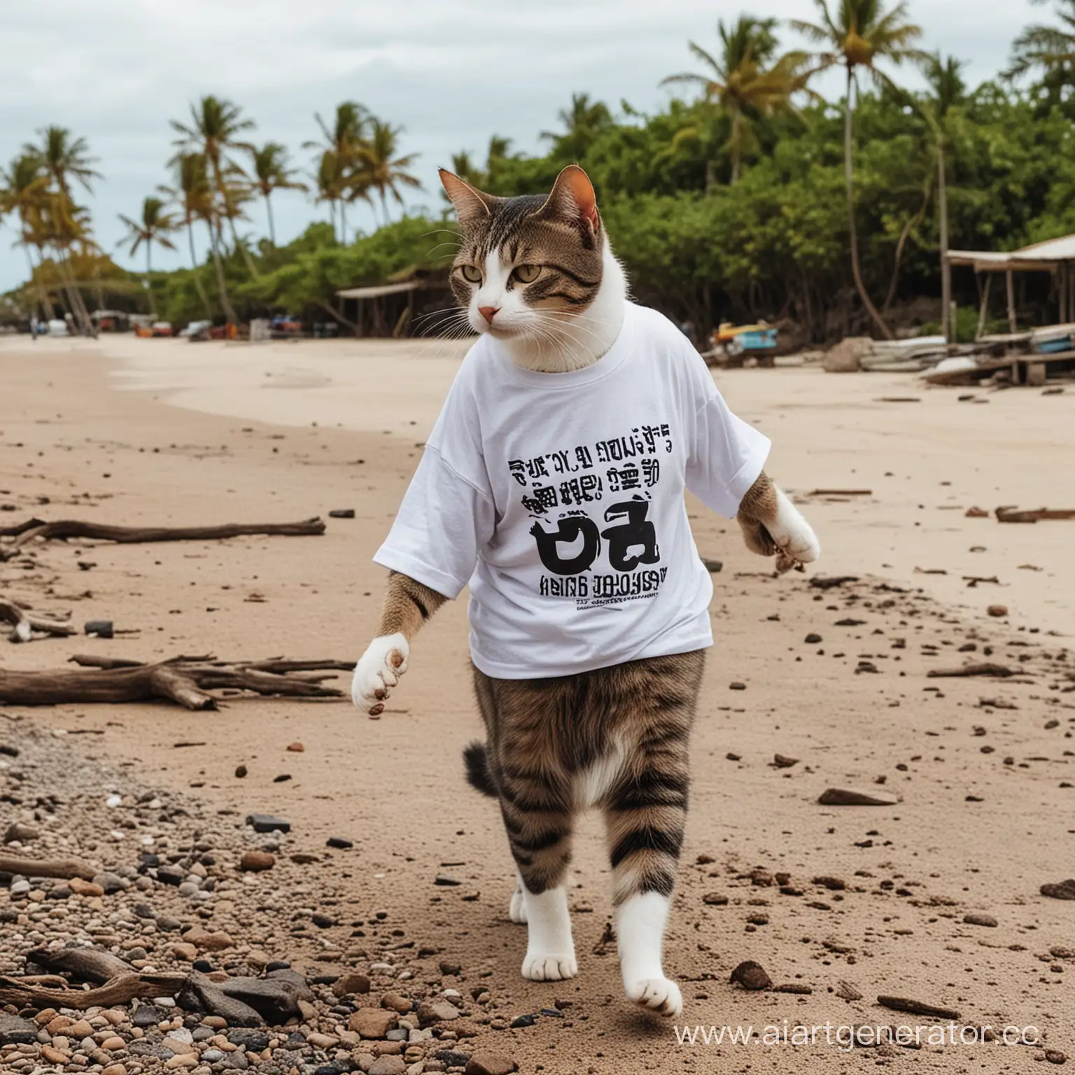 A cat in a T-shirt walks around the island
