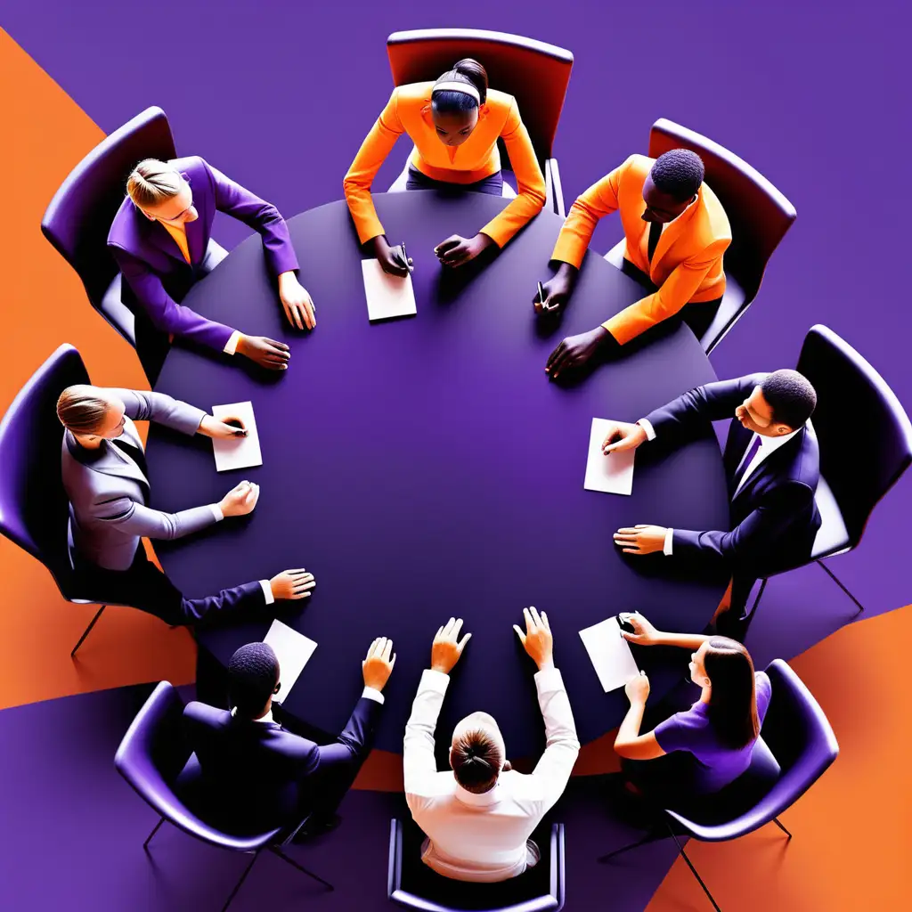Dynamic Teams Meeting in Vibrant Purple Orange and Black