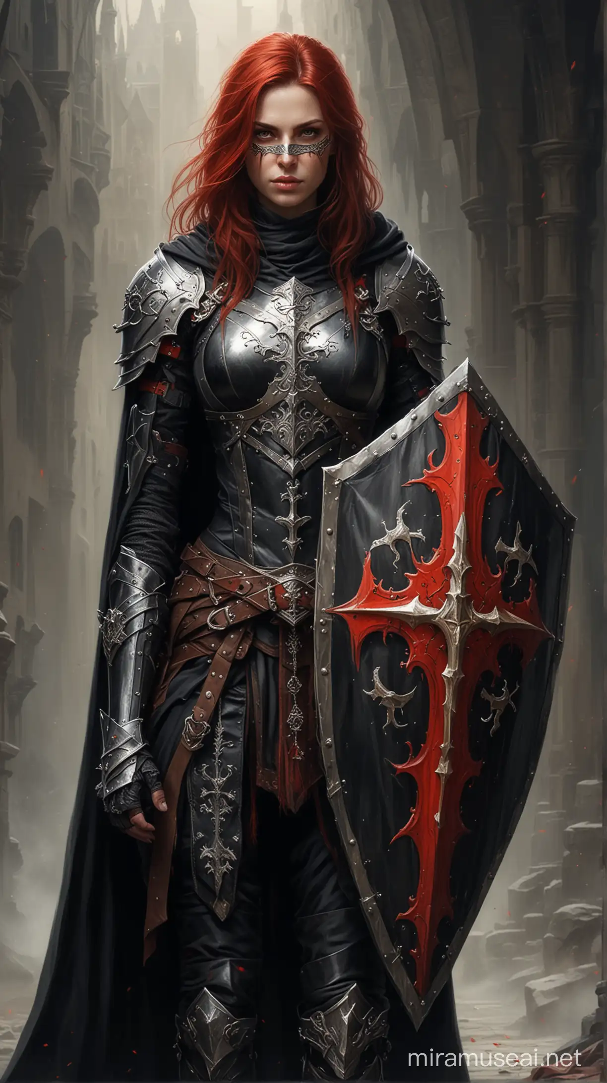 Medieval knight, black cloak, five swords hilted on back, large kite shield, white details, epic fantasy, Inquisition symbol on banner. woman, knight mask, red details

