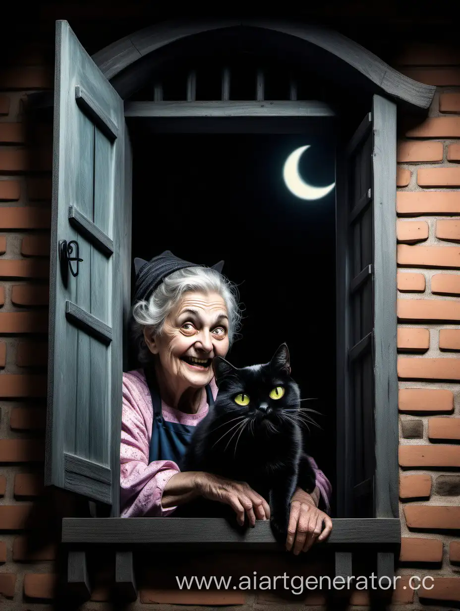 бабушка злая рассказчица выглядывает из окна теремка рядом с ней сидит черный страшный кот с улыбкой