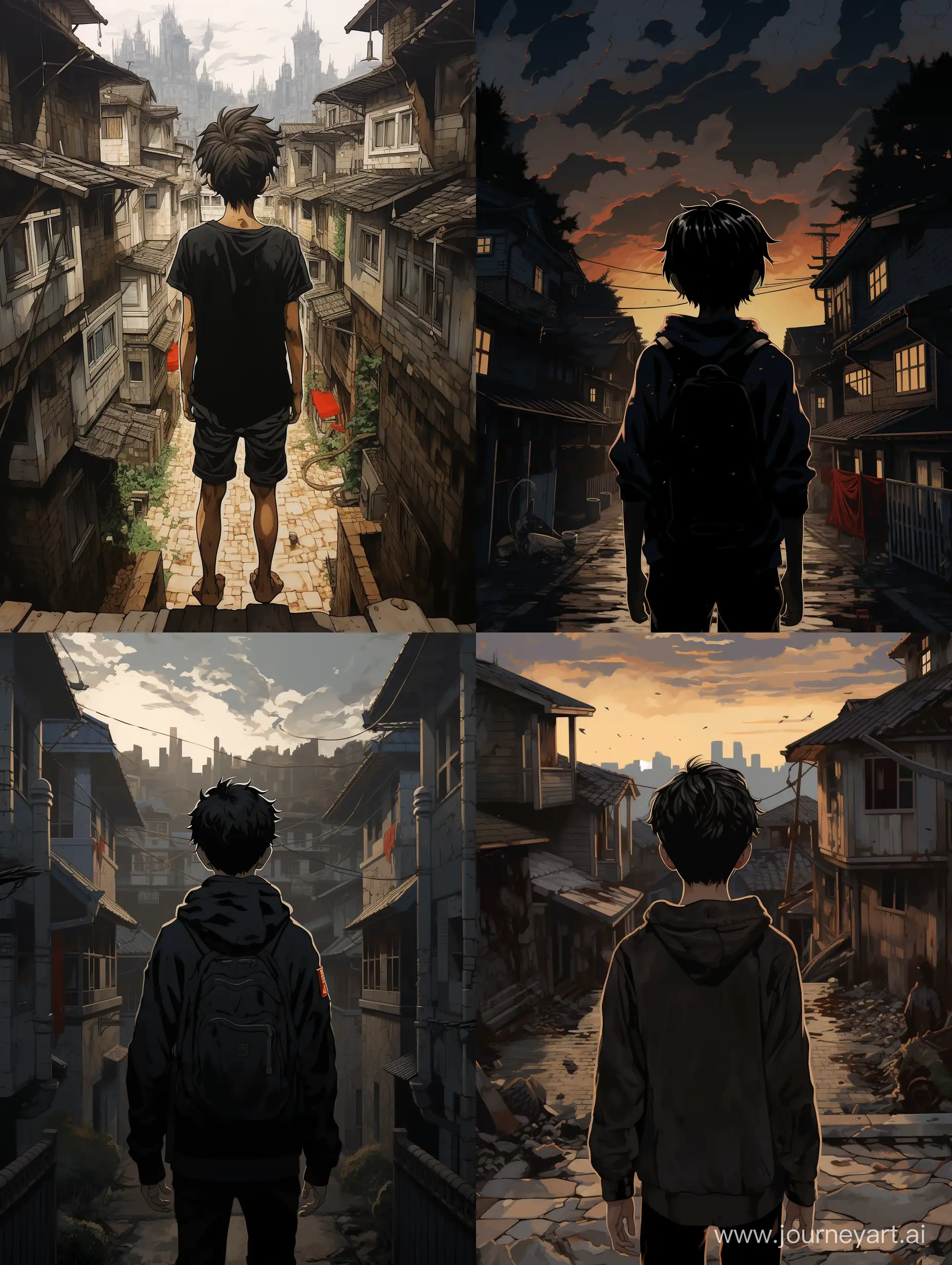 the boy, back, anime style, stands in the middle of the houses like in Russia, style of Katsuhiro Otomo Akira film and demon slayer film, black dominance.
