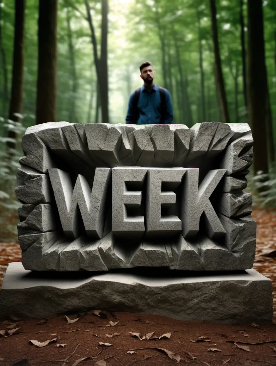 A hyper realistic photo of a week sign carved in all stone in a forest background with a man look at it from a far at it