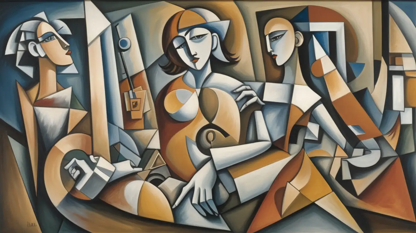 Cubist Dreaming: Beyond Time and Space: Create an image where Cubist forms transcend the constraints of time and space, merging past, present, and future into a single, surreal tableau of dreams.