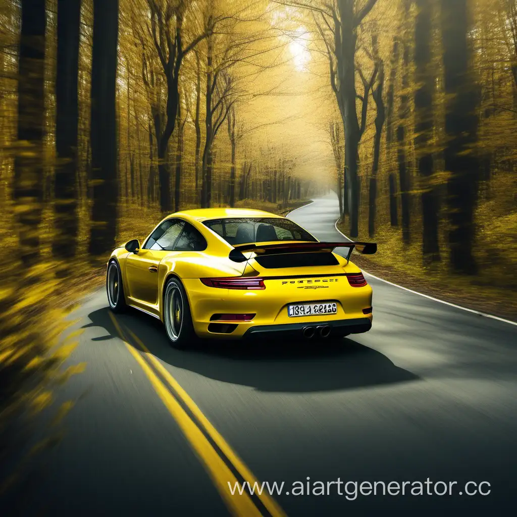 Yellow-Porsche-Driving-Through-Forest-Road