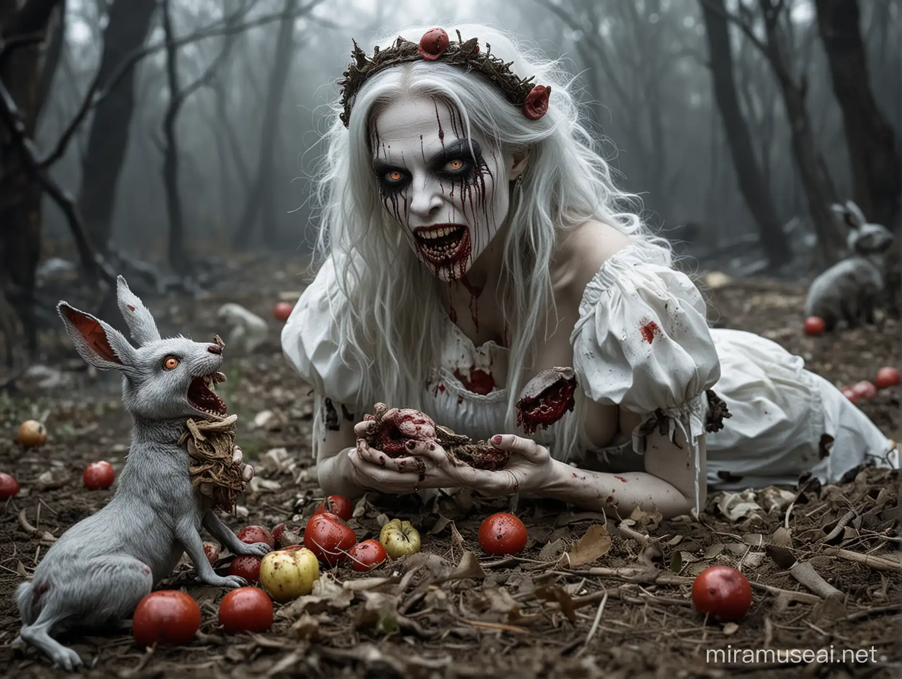 undead Snow White zombie eating a rotten rabbit