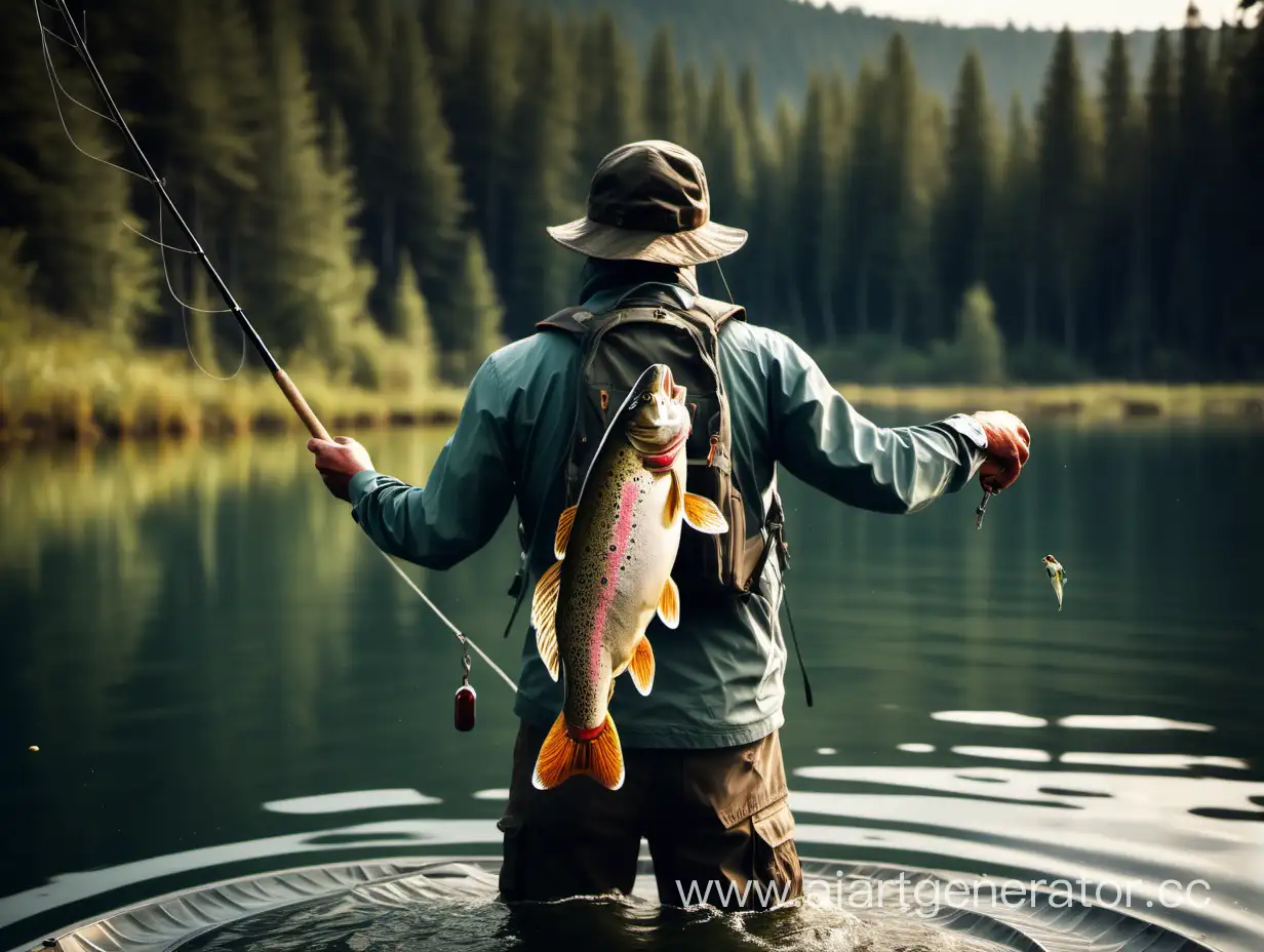 Аватарка рыболова который ловит форель со спины на озере без лица