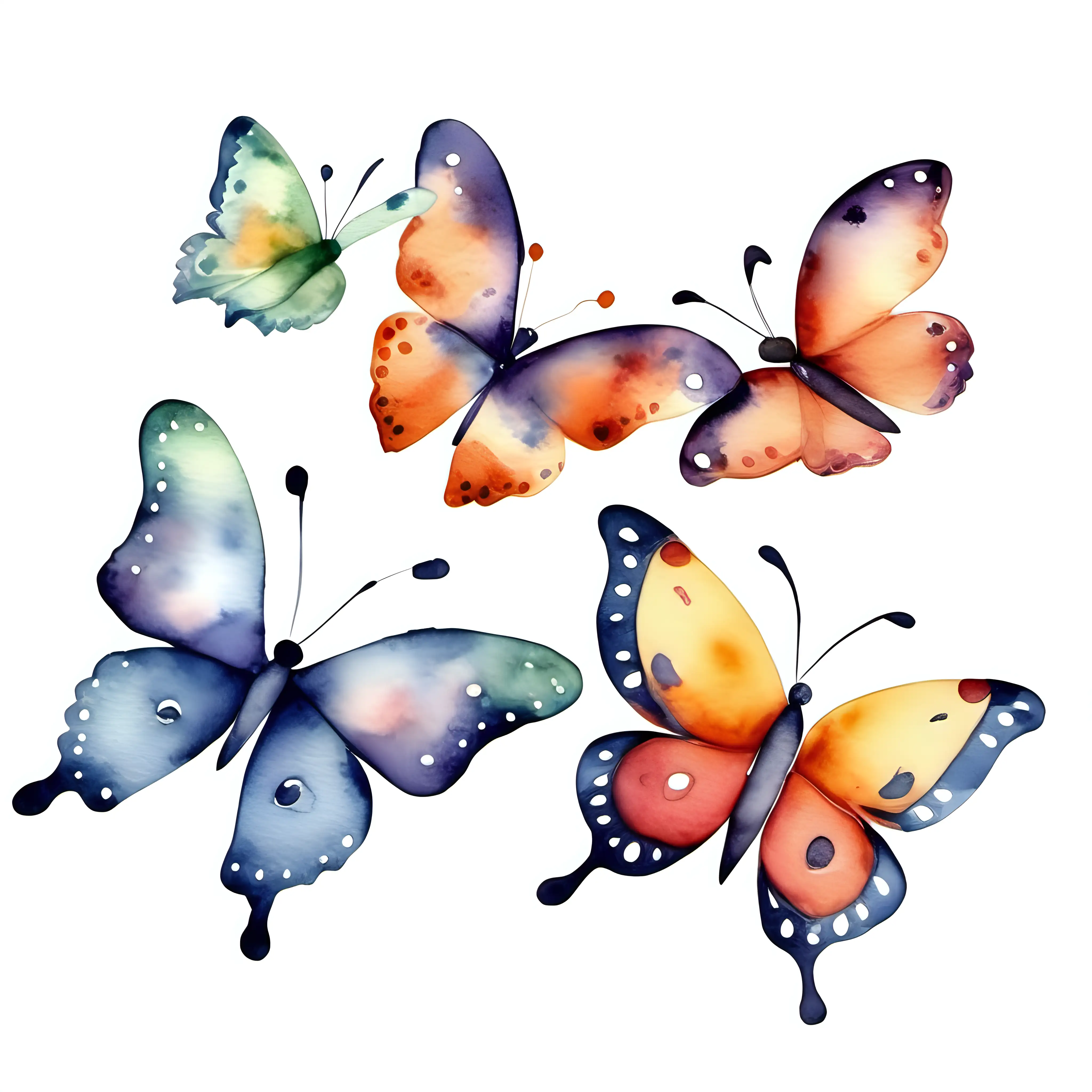 cute whimsical, flying butterflies, vintage, Watercolor, High Quality, isolated on background, suitable for clipart