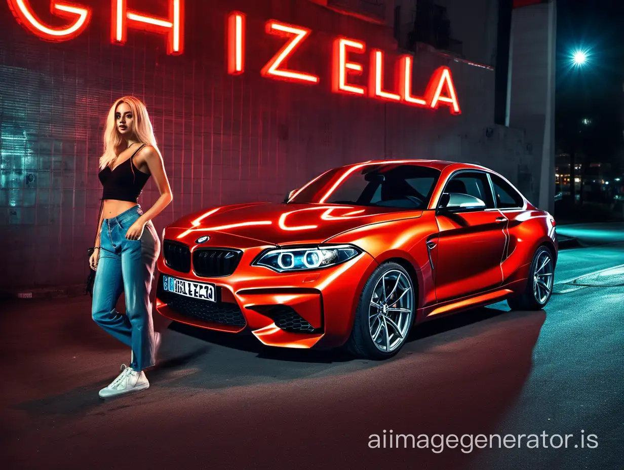 a hot blonde girl, near a red bmw m2, passing by a building on which is written "ghizela" in the city at night with neon lights