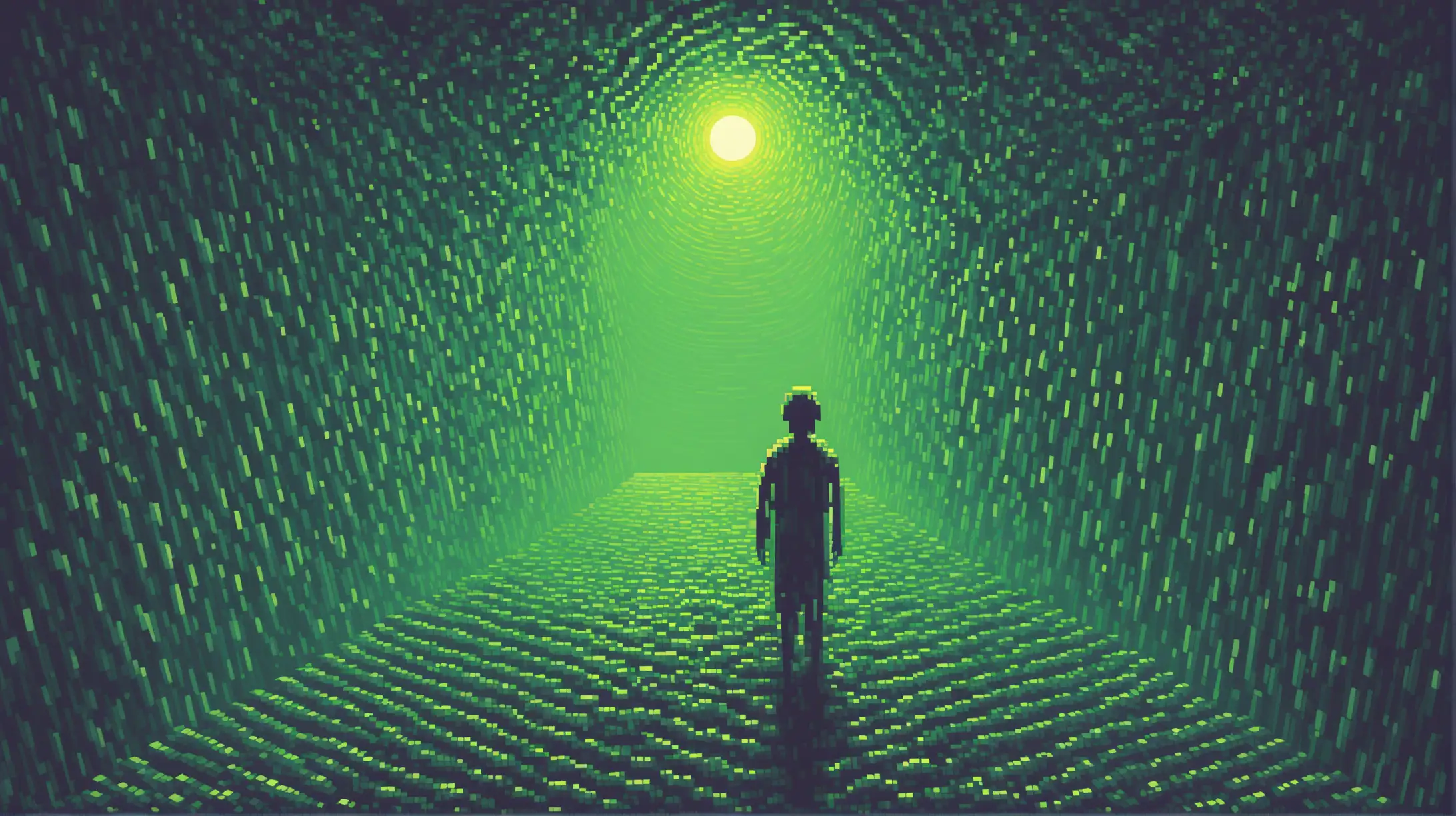 Ethereal Embossed First Person Pixel Art Exploring the Afterlife