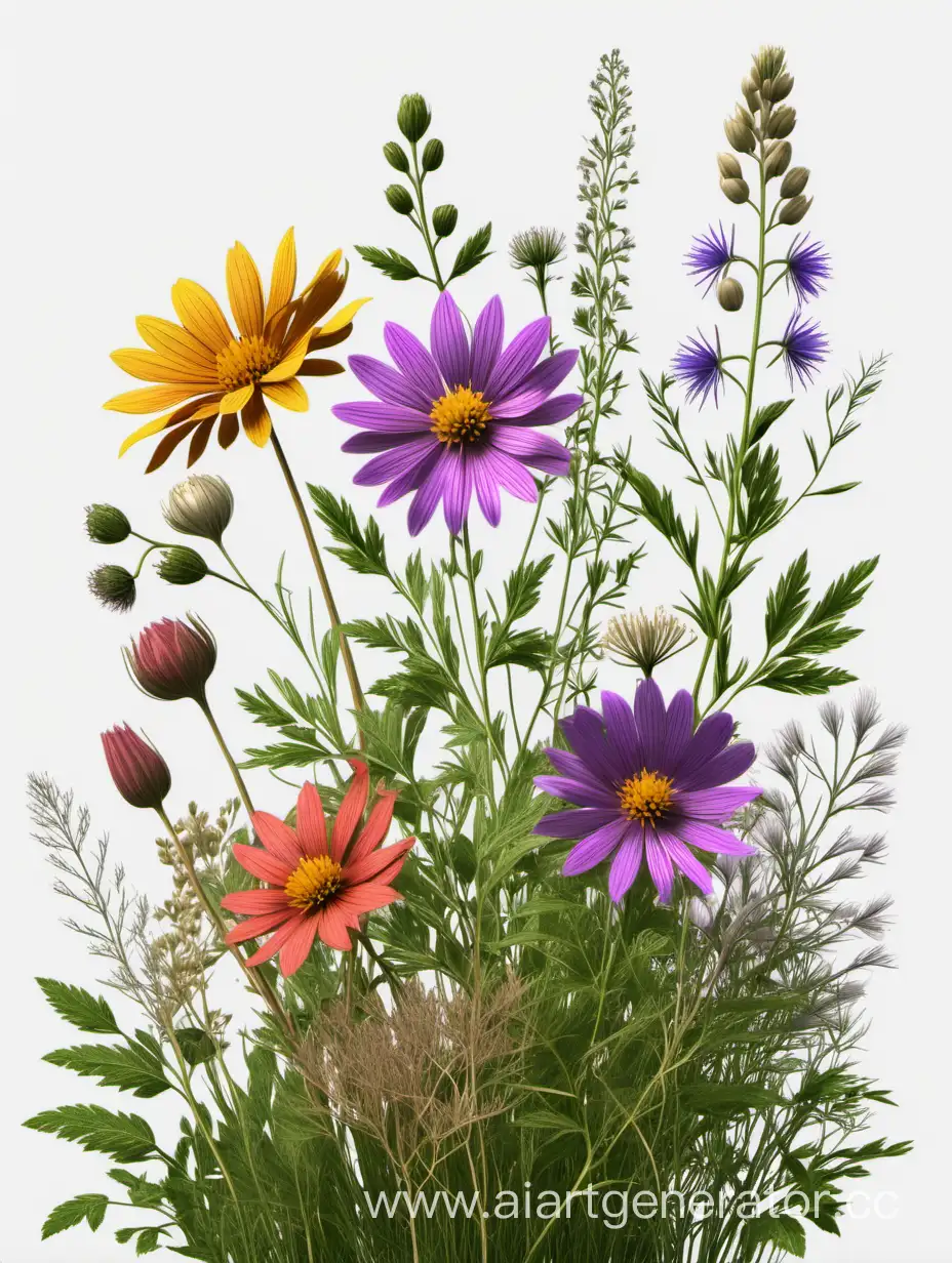a colorful wildflowers lines art, simple, herbs, Unique floral, botanical ,grow in clusters, neutral tones, 4K, high quality, white background, trending on artstation, sharp focus, studio photo, intricate details, highly detailed,