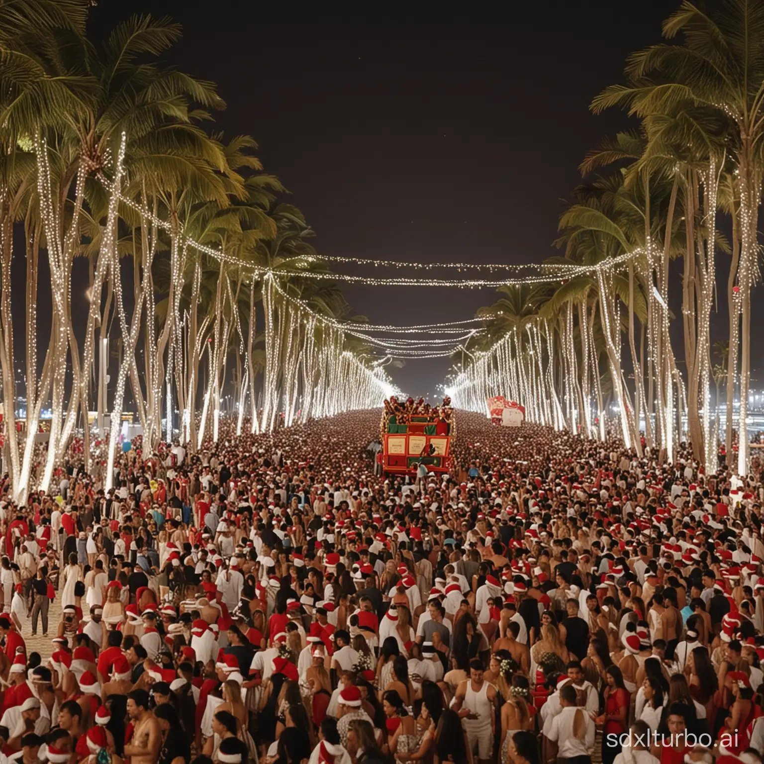 Crowd of brides filming Santa Claus's sleigh flying on Copacabana beach with twinkling Christmas trees and garlands on Christmas night