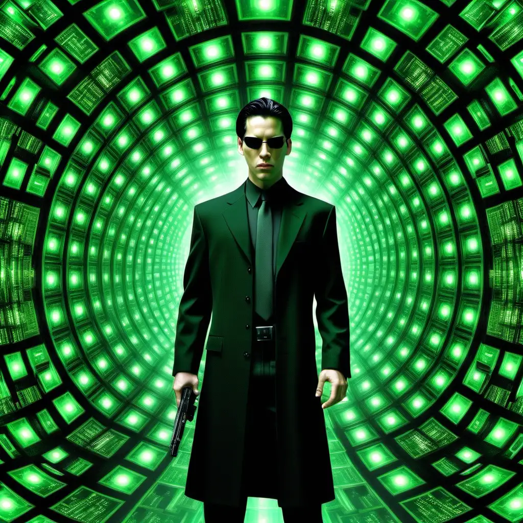 Create a Kaleidoscopic vision on Neo from Matrix, so when look it you see Neo and Matrix all around, use a matrix colors , Green and black, The kaleidoscopic vision centered around a character resembling Neo from the Matrix has been created, reflecting the distinctive green and black color scheme of the Matrix universe.More realistic in style raw --ar 1:1 --v 6.0