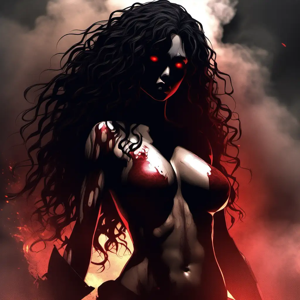 Anime Silhouette, battlefield, fire and brimstone, burning hills, blood, aura, ripped and bloodied clothes, beautiful body, (mature, whole body, ethereal long black wild curly hair, brown skin, black lip, red eyes, full hips/thighs, and bewitching chest with huge breasts), extremely detailed, ultra-sharp focus, depth of field, perfect meshes and textures, highly accurate reflections, volumetric fog, volumetric lighting, face drawn by the masterful artist Paul Gauguin, thin and soft lines --ar 2:3 --niji 5 