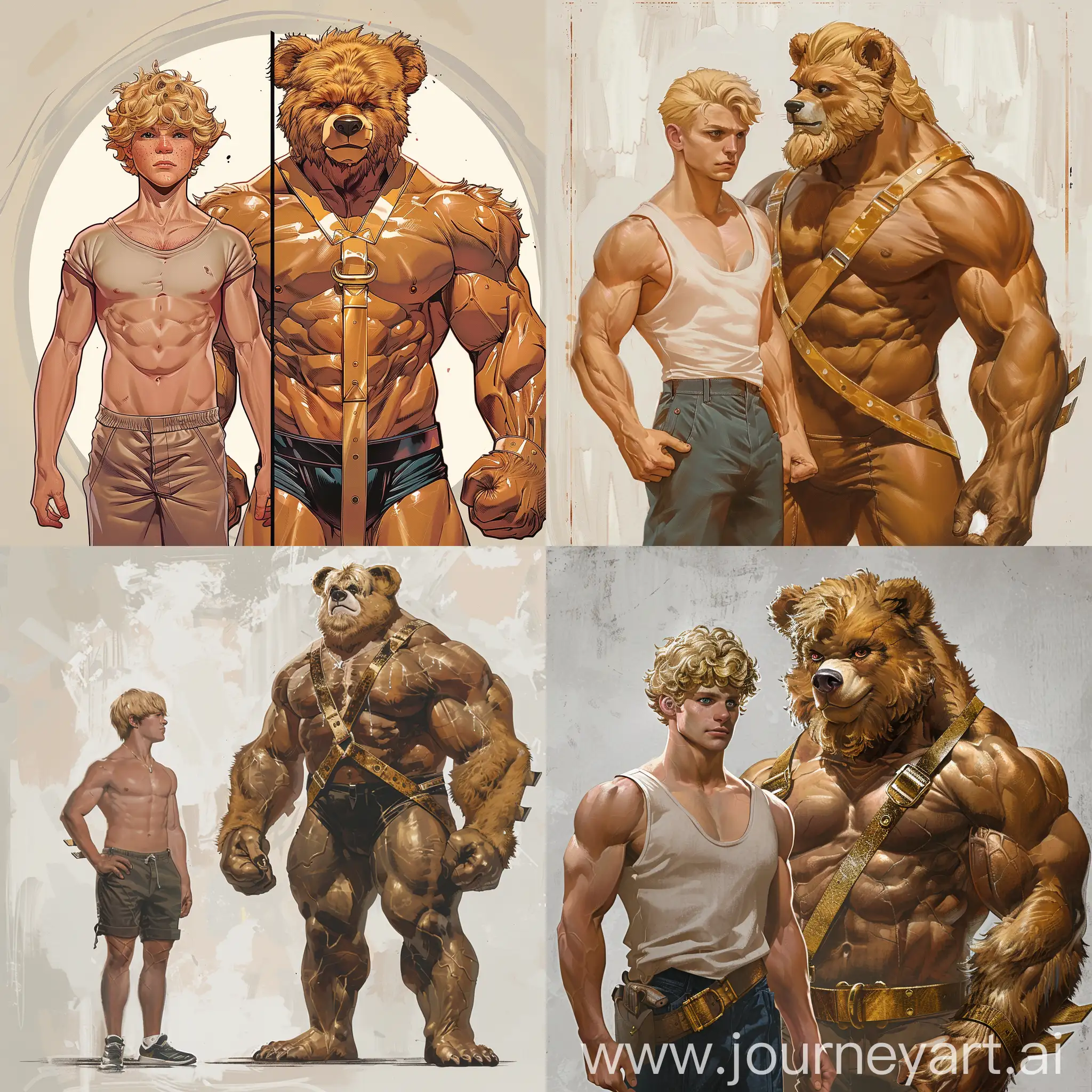illustrate a scene depicting Wayne pre-transformation. He's a slender figure with unruly blond hair, wearing regular clothes and exuding an unassuming demeanor.

For the post-transformation scene, portray Wayne, now Cubbie, as a massive and muscular teen bodybuilder. Showcase the transformation from the slim, unassuming guy to the dominant, confident leather bear with a bushy blond beard, wearing a shiny gold posing strap.