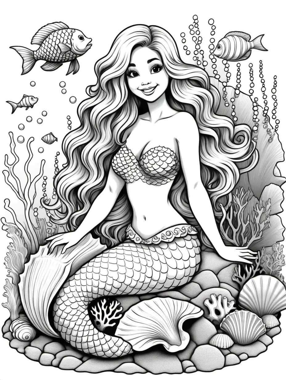 Cheerful Mermaid Surrounded by Ocean Friends Vibrant Coloring Art