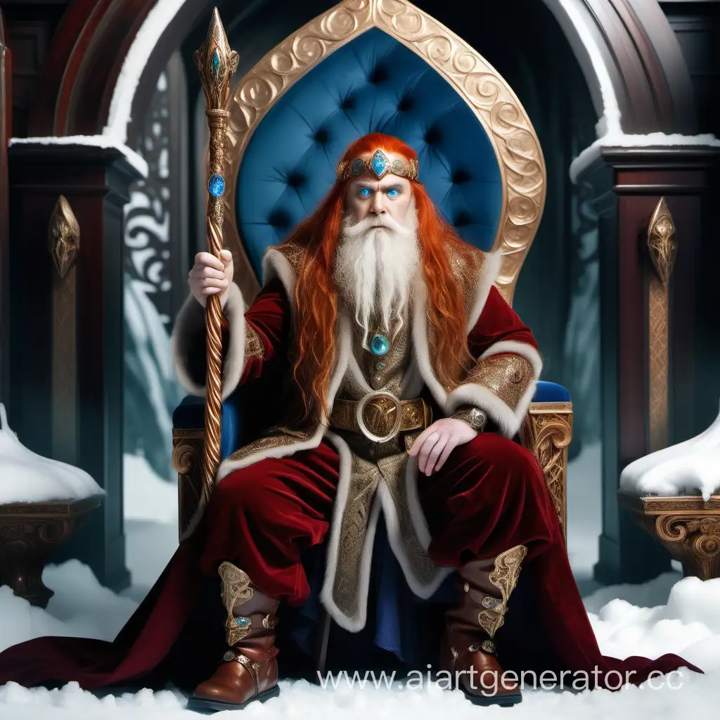 A dwarf man with long elven ears and blue eyes, a very long white beard to the waist and long red hair, dressed in rich and expensive clothes decorated with gold and precious stones, with a cane and rings on his fingers. He is a wizard of ice and snow. He walks through the throne room for negotiations.
