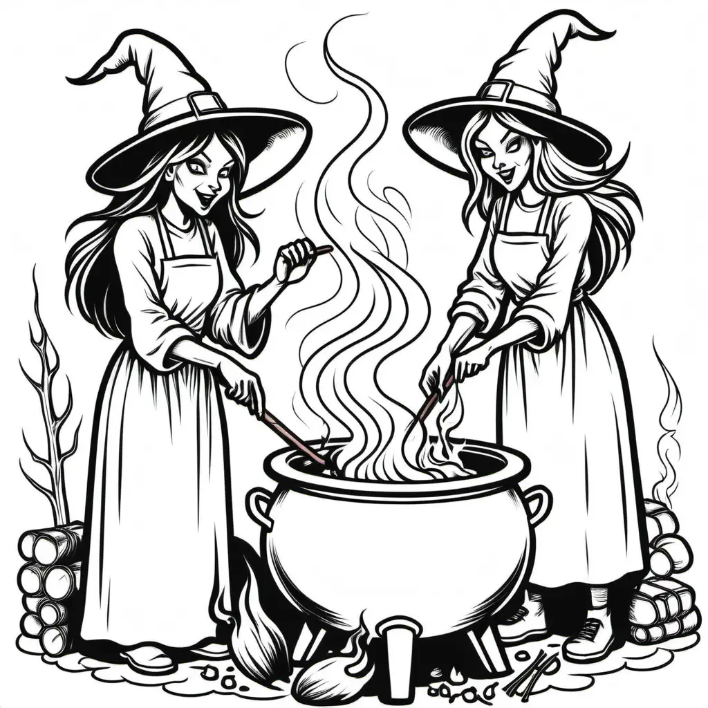 Witch Sisters Cooking Over Cauldron Simple Coloring Book Illustration for Kids