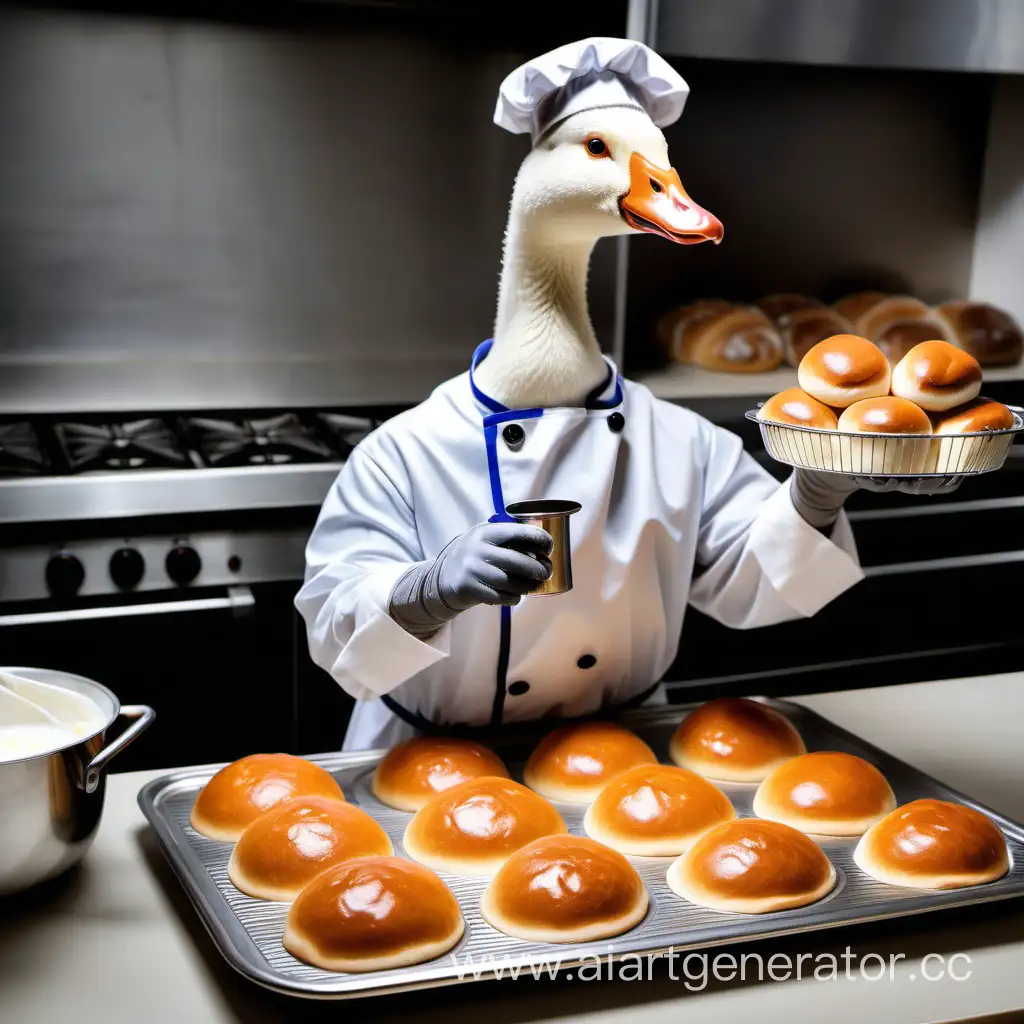 A goose in a baker's costume prepares buns and antifreeze