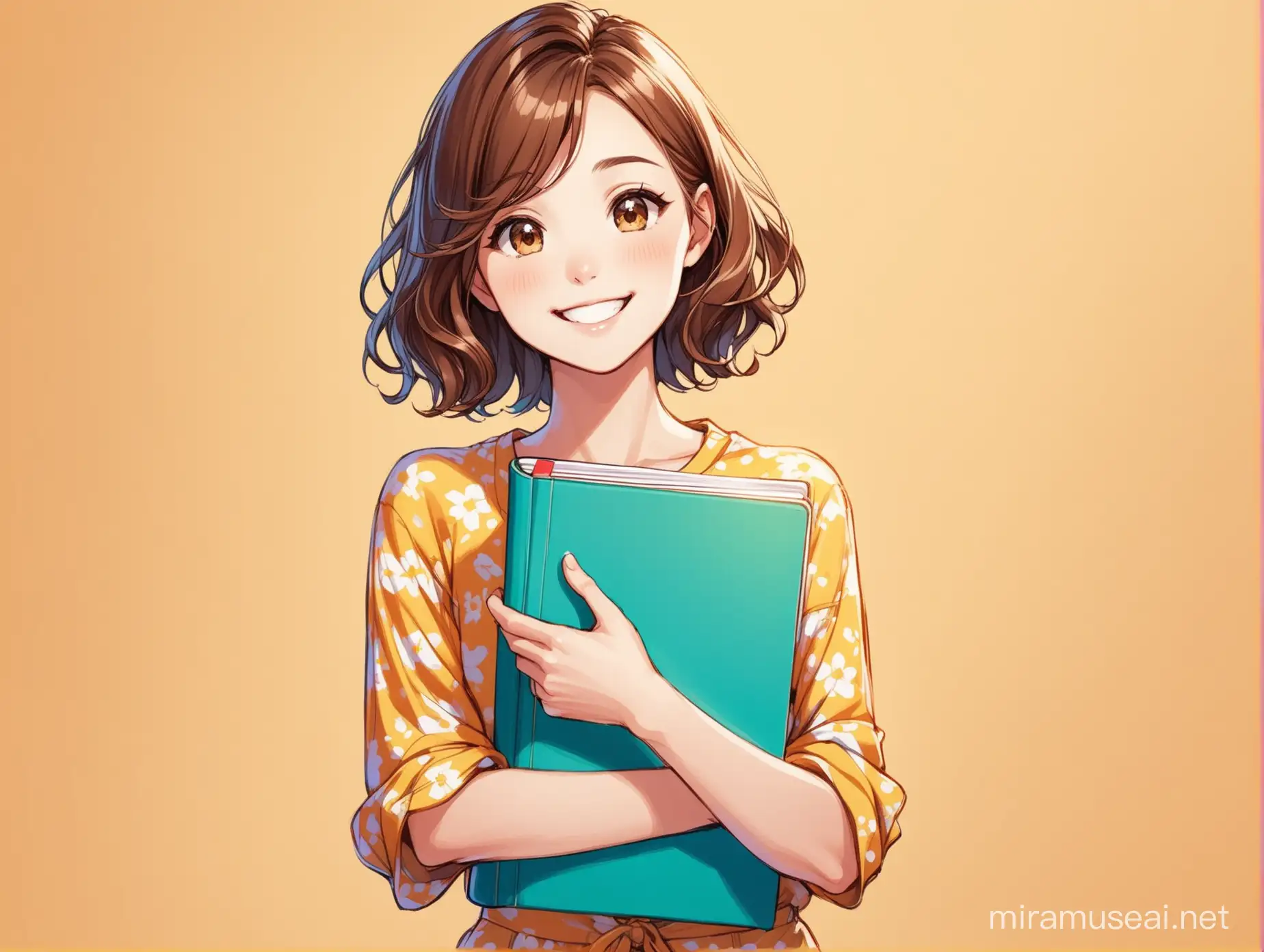 Persona carismática sonriente,  delgada, con cabello castaño ondulado corto, vestimenta colorida y que lleve una libreta de dibujo.