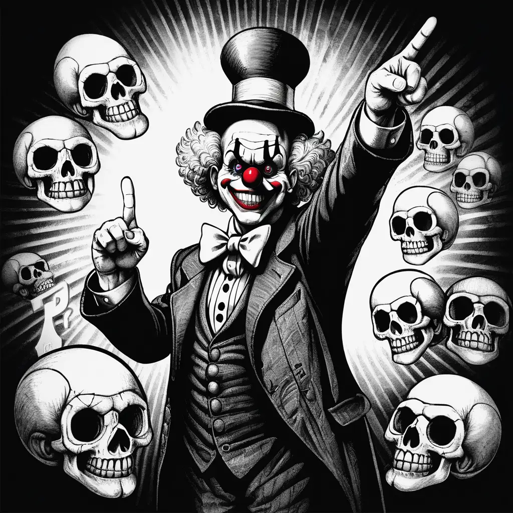 Clown, skulls , judge pointing finger, b/w, question mark 