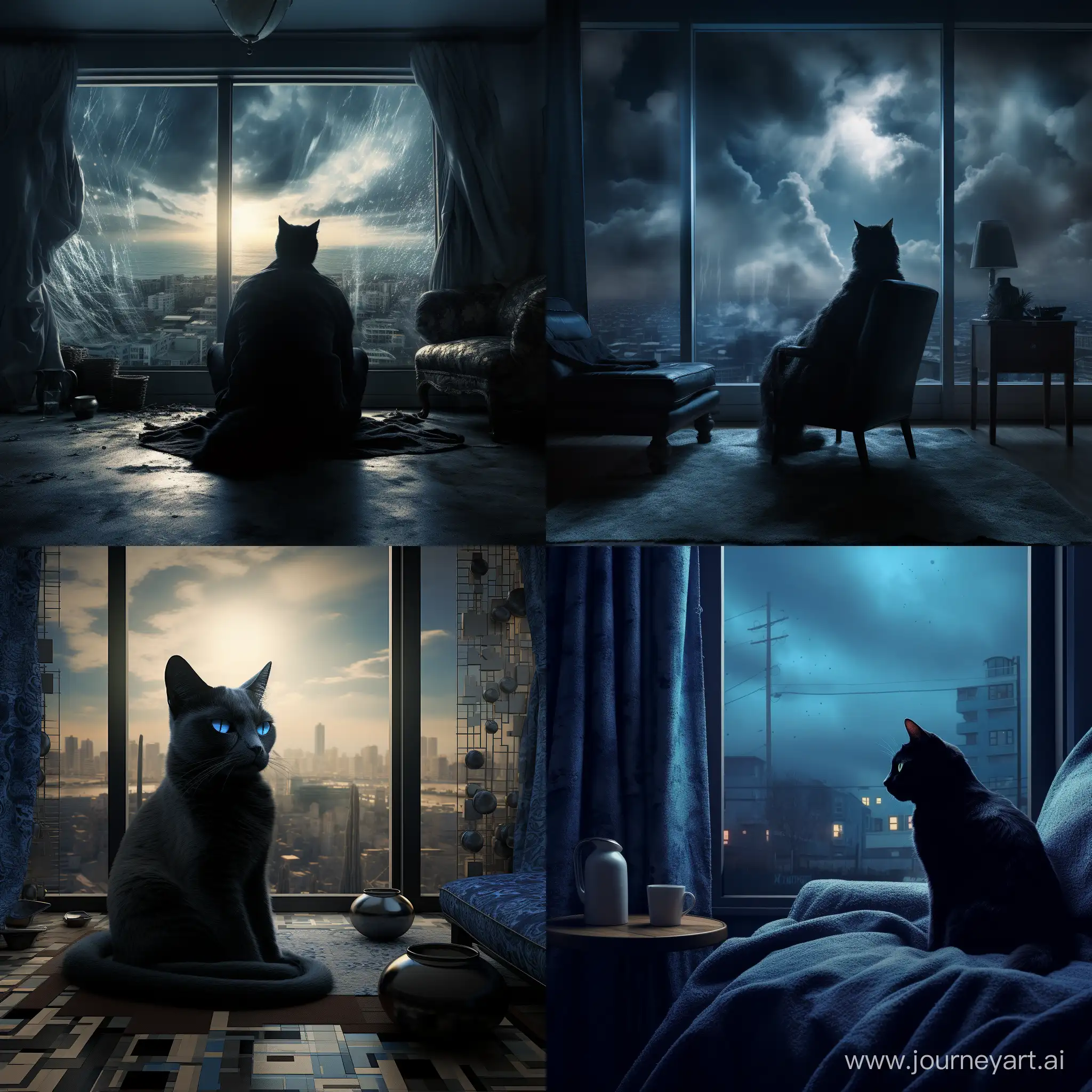 movie poster dramatic, ::1.3, футуристический, голубая кошка с черными узорами разлеглась на фоне окна, свет проникает через окна отбрасывая блики на кошку
