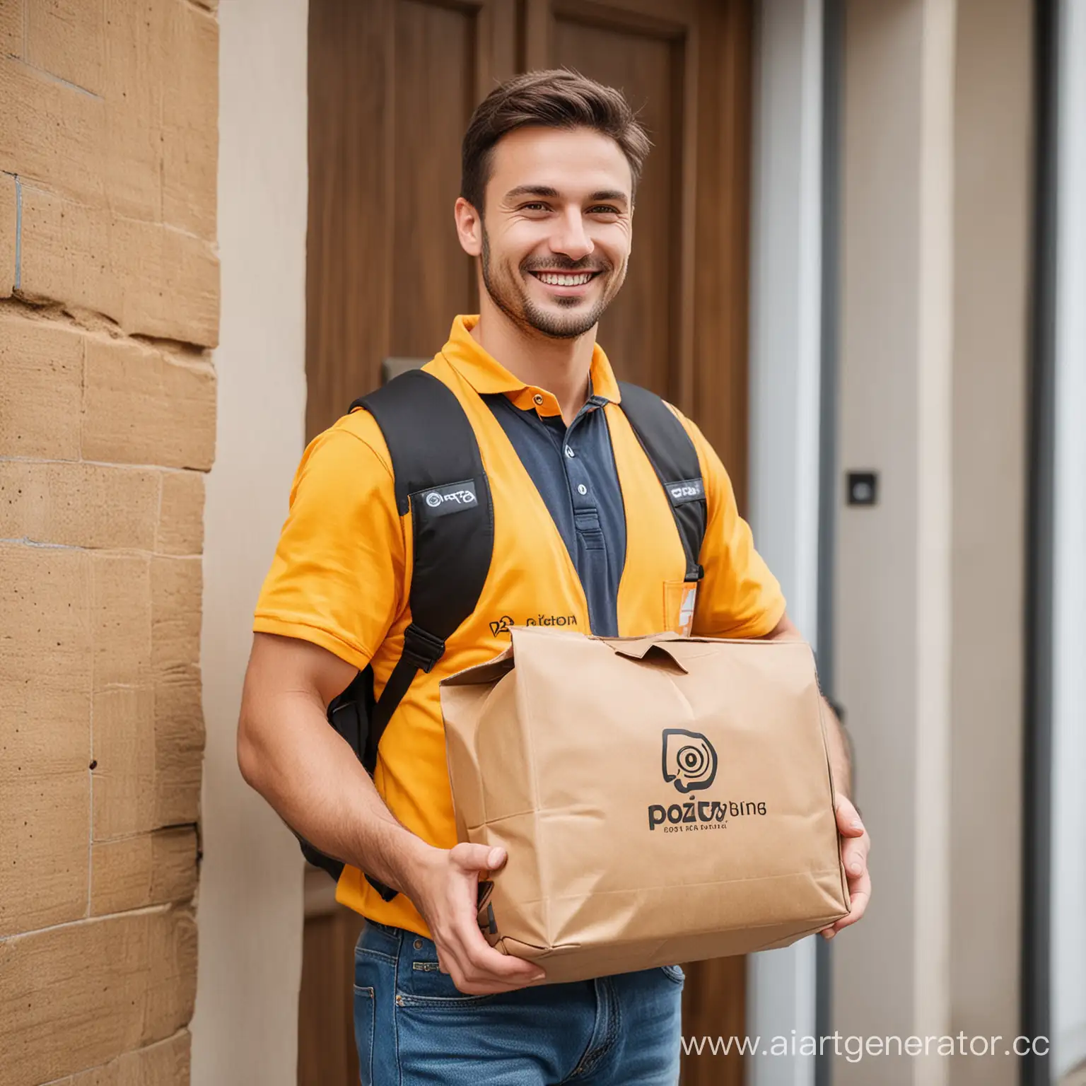 Курьер с яркой сумкой с логотипом Poizon, который улыбается и несет посылку к двери клиента.