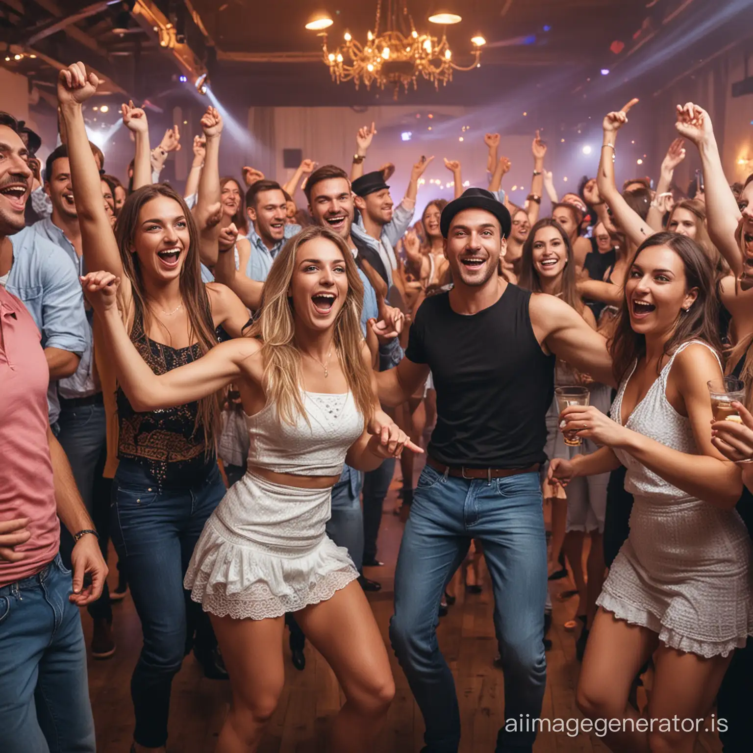 Eurodance happy people dancing in a fancy european party
