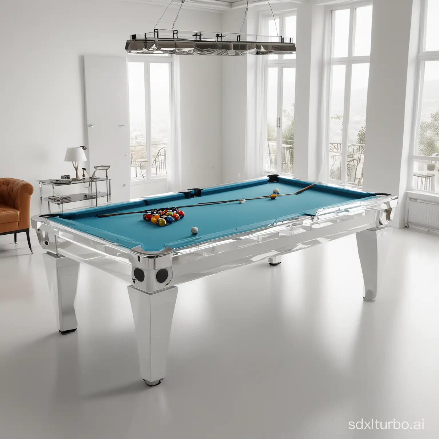 Pool table, glass pool table, Italian master style, white background, panoramic view, high definition 8K
