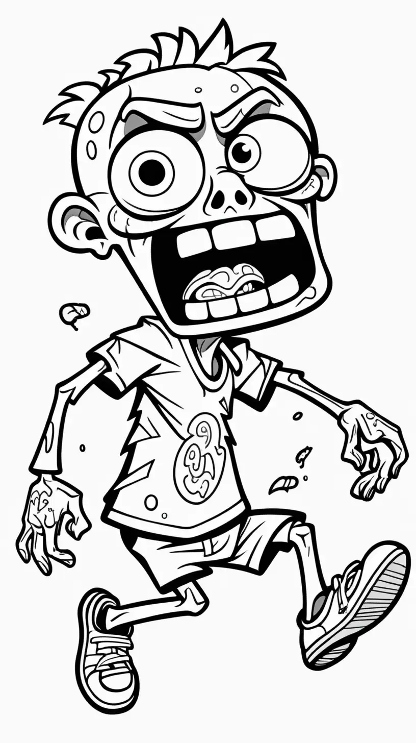 funny cute happy zombie character, black and white coloring image, cartoon  style, thick black lines, track and field