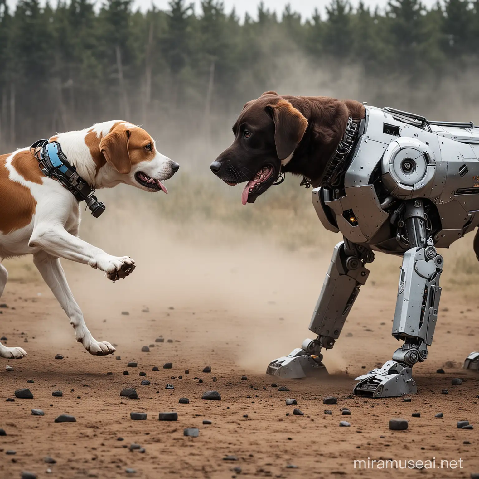 Canine Warrior Confronts Futuristic Robot in Intense Battle