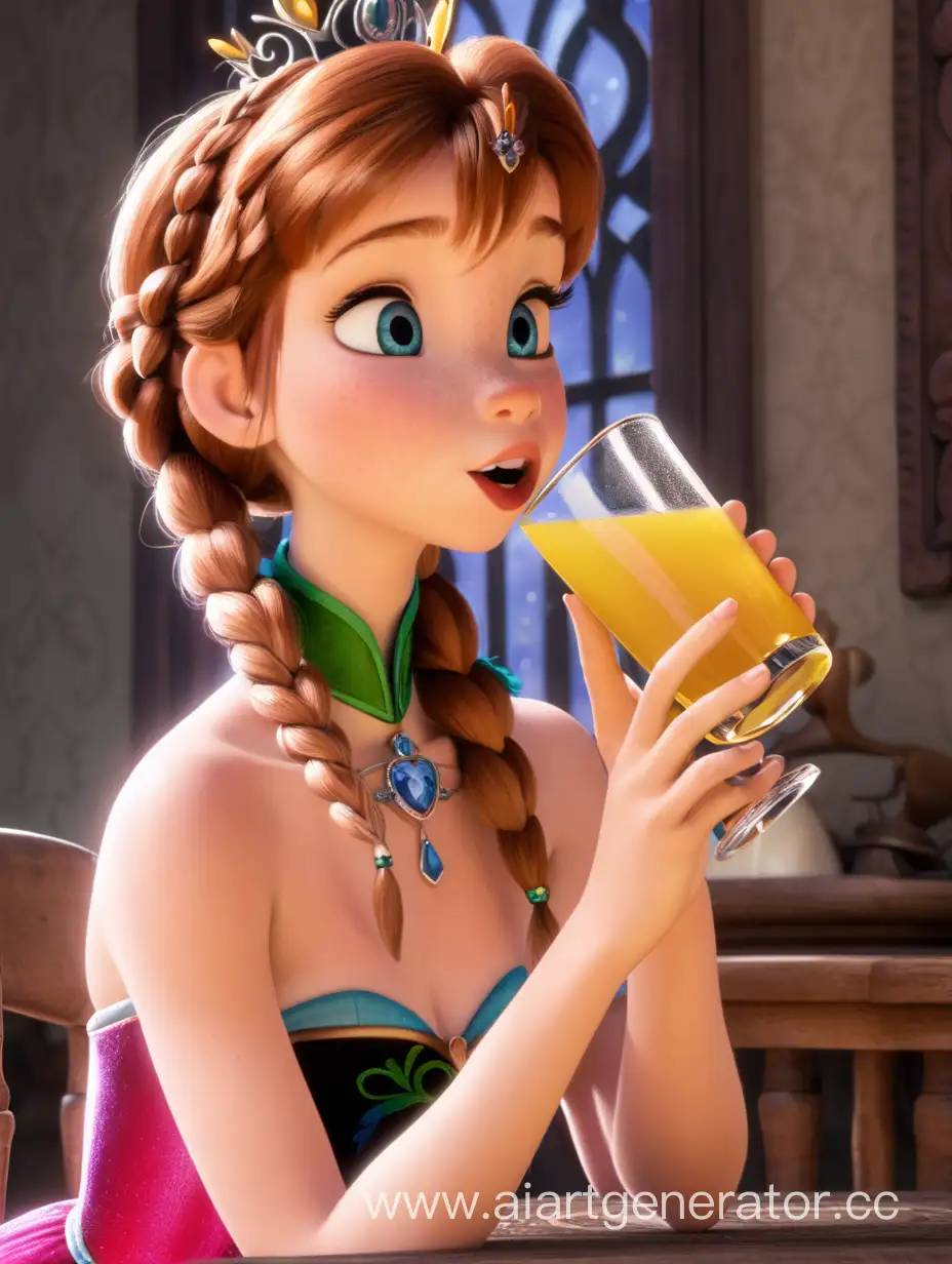 Princess Anna drinks apple juice. She is wearing nude.