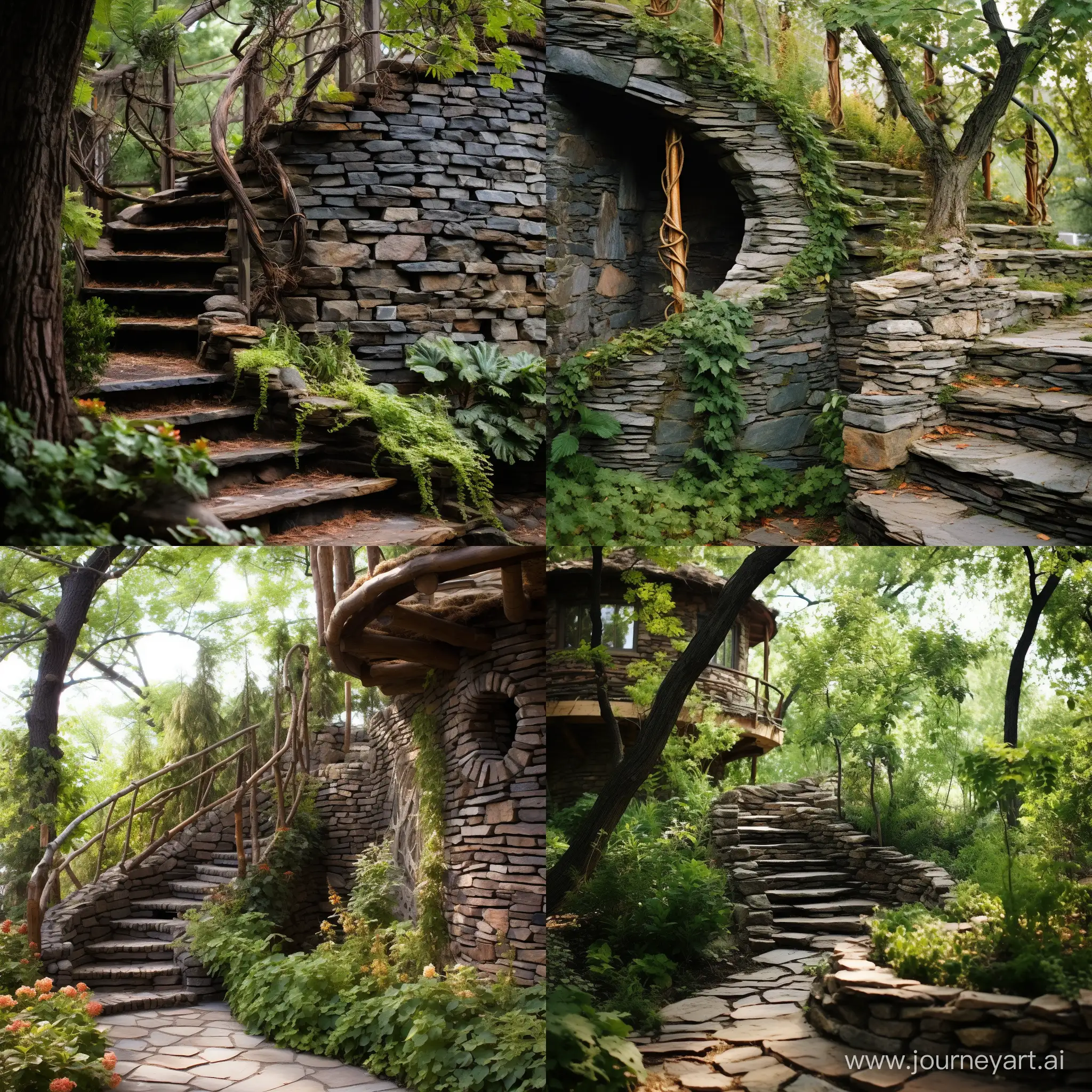 Enchanting-Garden-Stone-Wall-with-Spiral-Staircase-Amidst-Nature