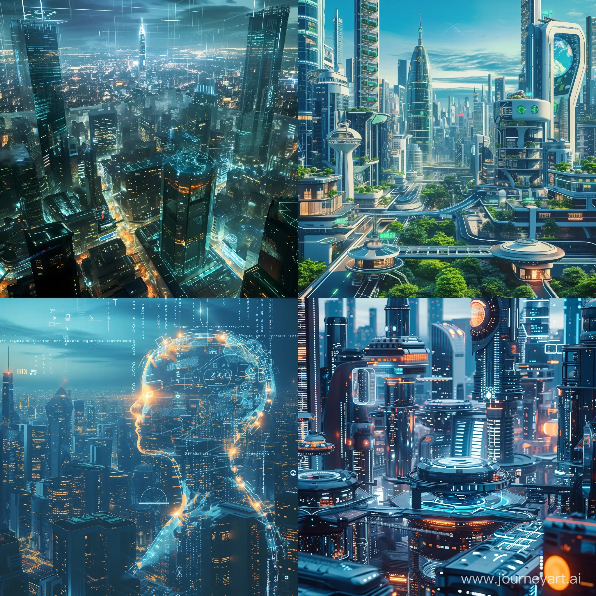 Futuristic cityscape, advanced technology, bustling metropolis, AI-driven economy, online learning, virtual classrooms, holographic education, digital transformation, cybernetic enhancements, futuristic workspaces