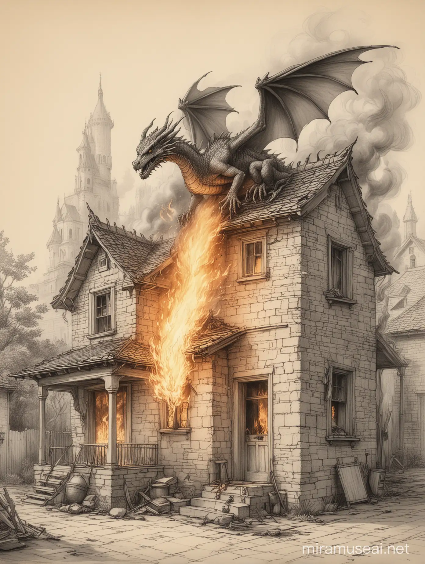 sketch of dragon in air burning house with its fire