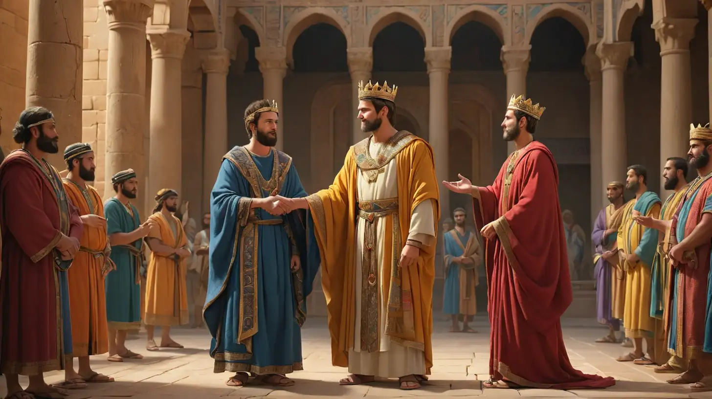 "Create a scene showcasing Daniel's promotion in the Babylonian court.  receiving a colorful royal robes of honor and the king putting it on him, 