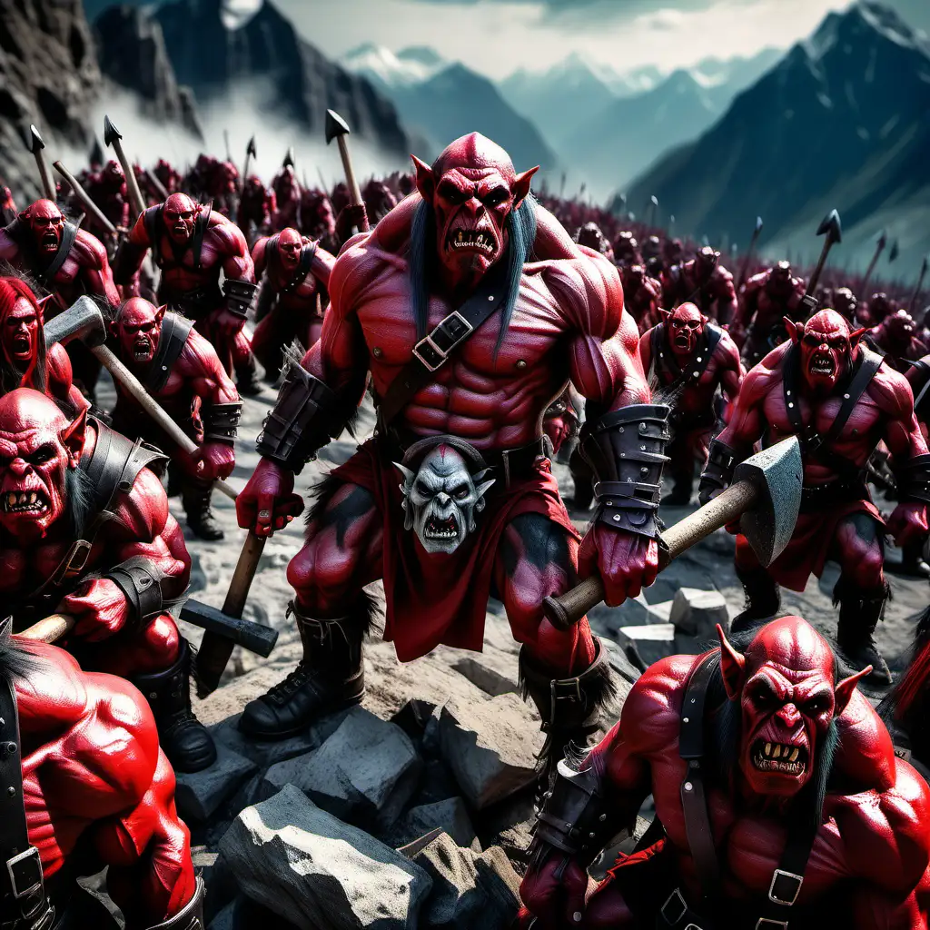 army of red orcs in a mountain ready to fight, the orcs wears a sledgehammer, colorful realism, raw style, epic style, ultra detailed photography